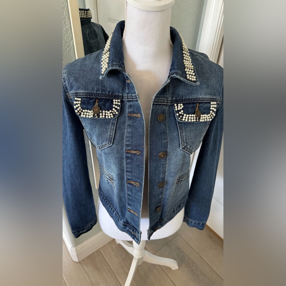 Satin Doll Bling Jean Jacket with pearls and studs size s